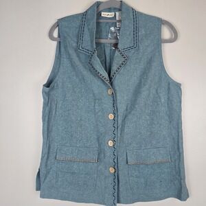 White‎ Stag Women Sz Medium Vtg Teal Embroidered Linen Rayon Sleeveless Top.D138